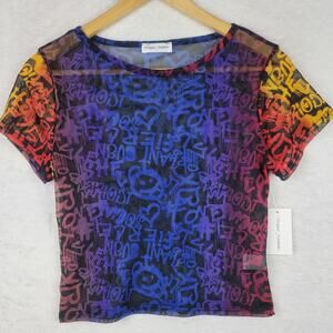 Grunge Jr L Knit Mesh Sheer Top Short Sleeveles Colorful 90 Y2K Graffiti Graphic